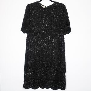 Brilliante by J.A.‎ VINTAGE Dress Size Large 100% Silk Black Shift Sequins Beads